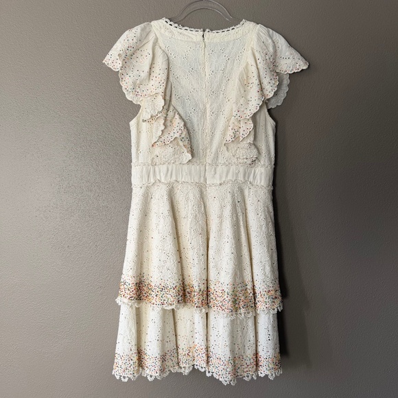 Farm Rio Eyelet Patch Multi-Color Beaded Tiered Deep-V Off-White Mini Dress M - Picture 2 of 14